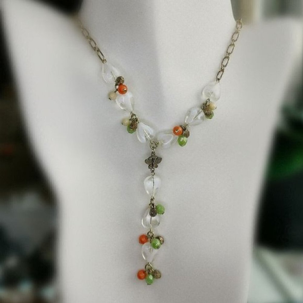 Vintage Czech artisan beaded white milk glass butterfly necklace earring set - Picture 4 of 7